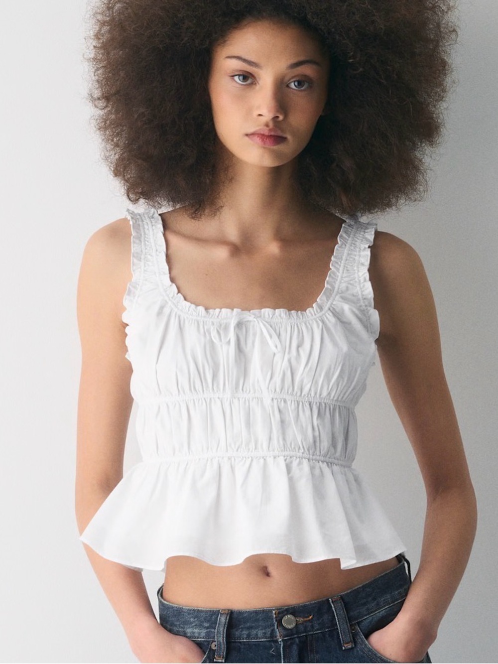 Aritzia White Ruffled Square-Neck Smocked Peplum Tank